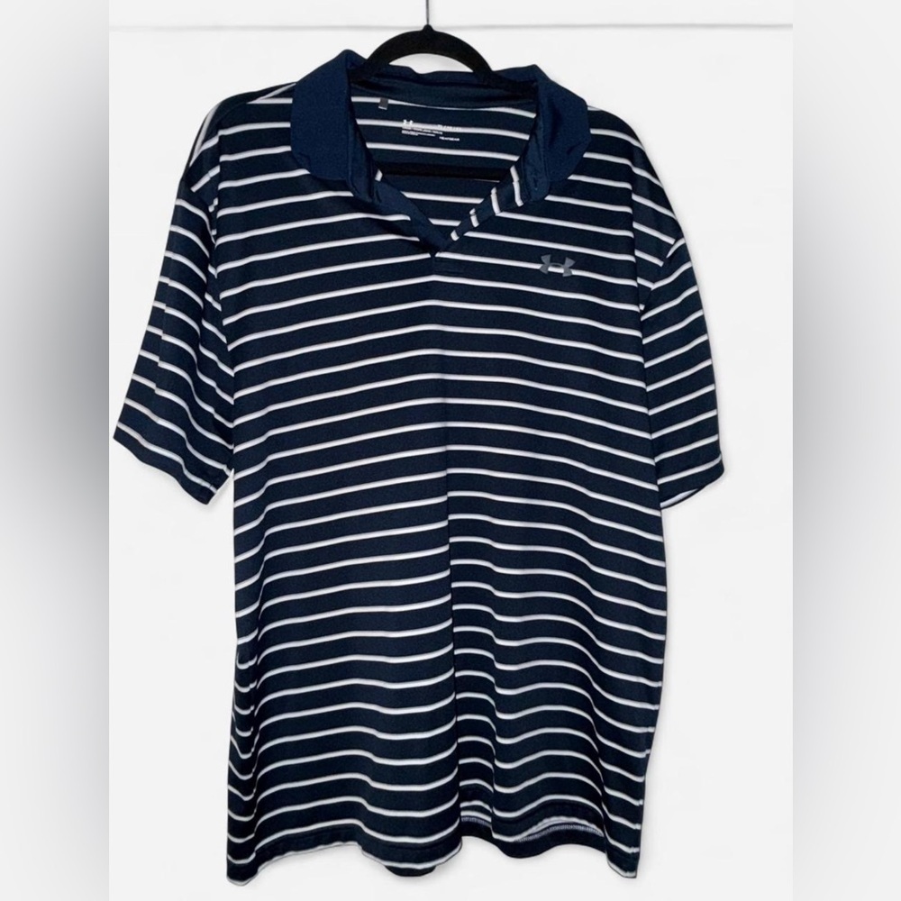 Under Armour Men's Dark Blue and White Striped Polo - Picture 1 of 4
